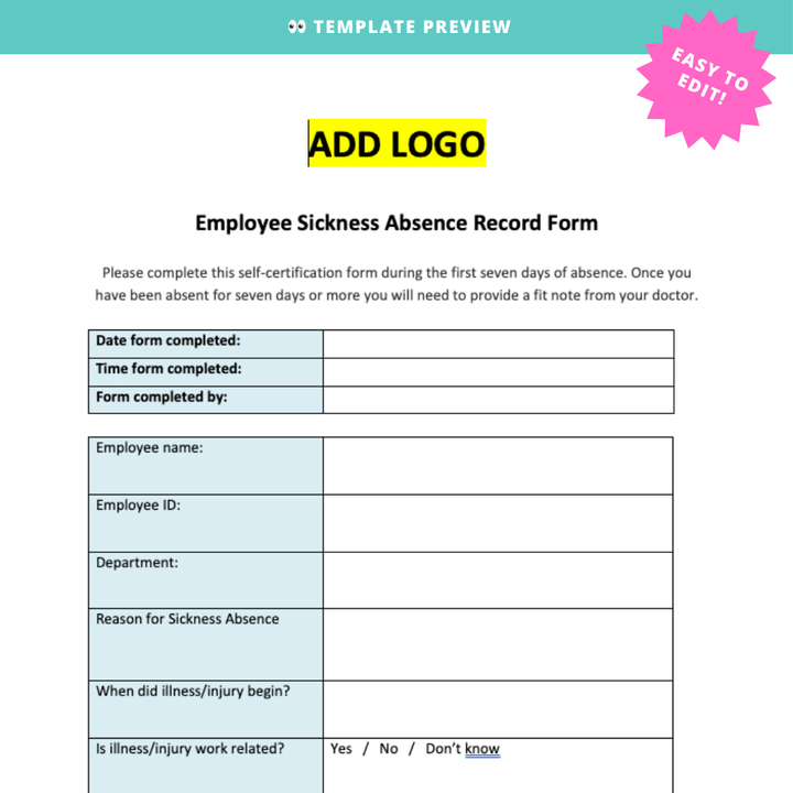 Sickness Absence Employee Record Form - Modern HR