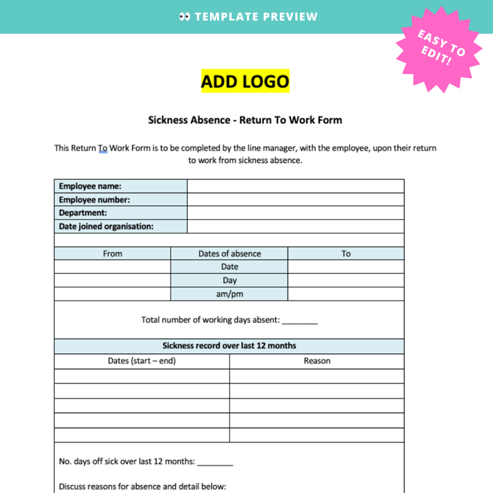 Sickness Absence Return to Work Interview Form - Modern HR