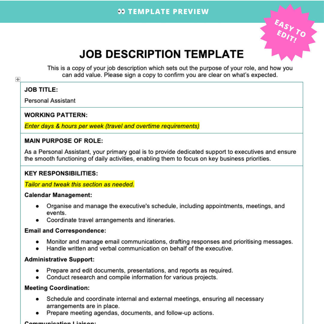 Personal Assistant Job Description Template – Modern HR